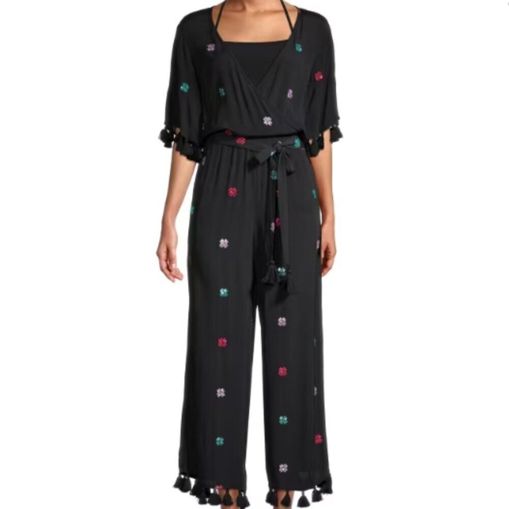 NWT TESSORA Fringe-Trim Sequin Jumpsuit Black Multicolor in Size XS